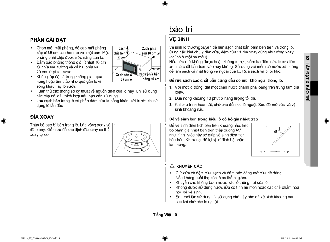 Samsung ME71A/SV manual Bảo trì, Phần CÀI ĐẶT, ĐĨA Xoay, VỆ Sinh, Khuyến CÁO 