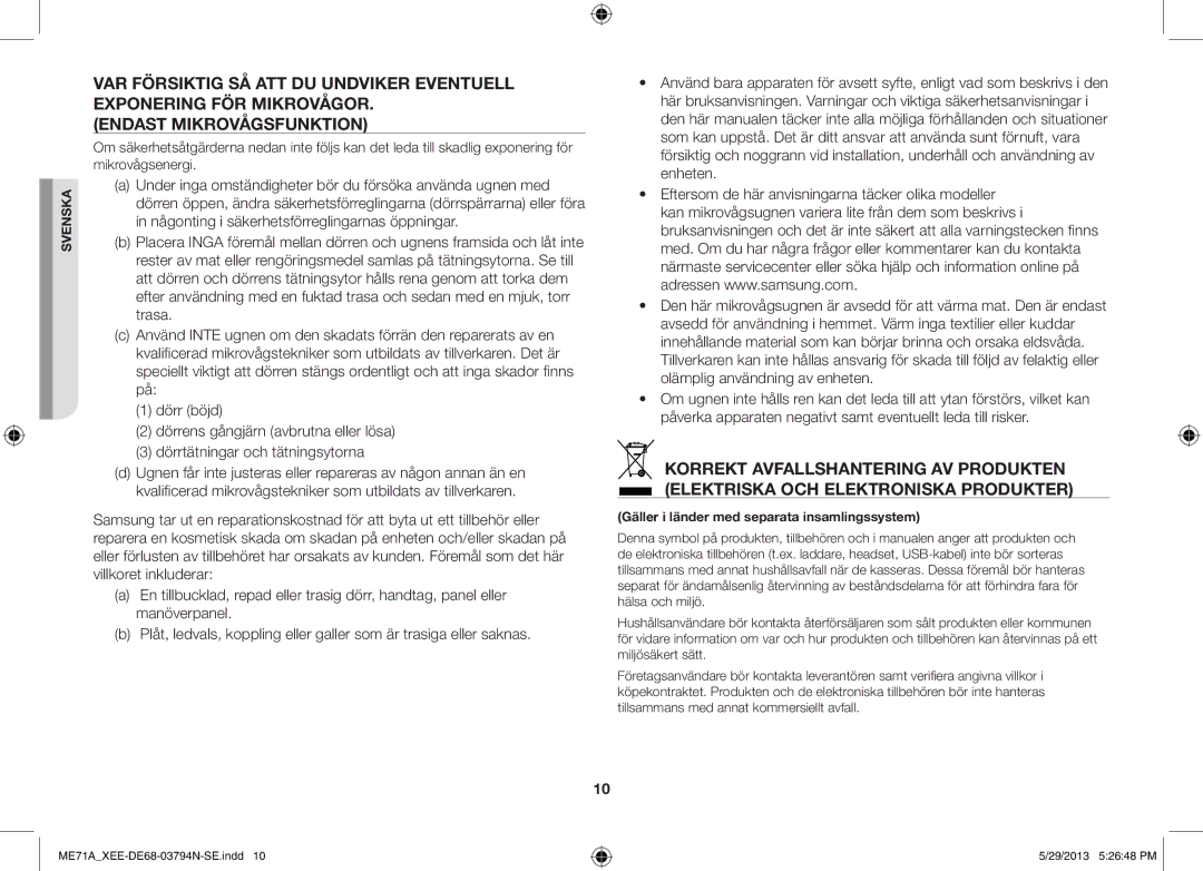 Samsung ME71A/XEE manual Gäller i länder med separata insamlingssystem 