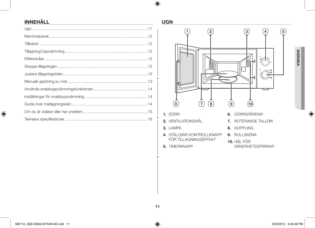 Samsung ME71A/XEE manual Innehåll, Ugn 