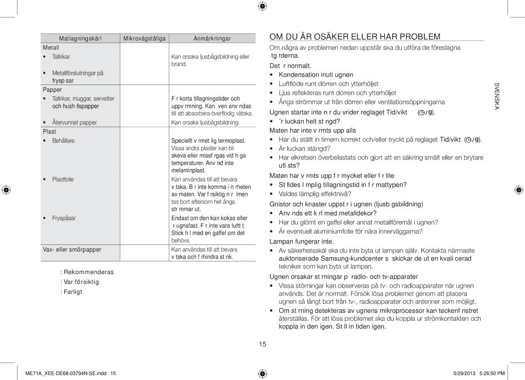 Samsung ME71A/XEE manual OM DU ÄR Osäker Eller HAR Problem 