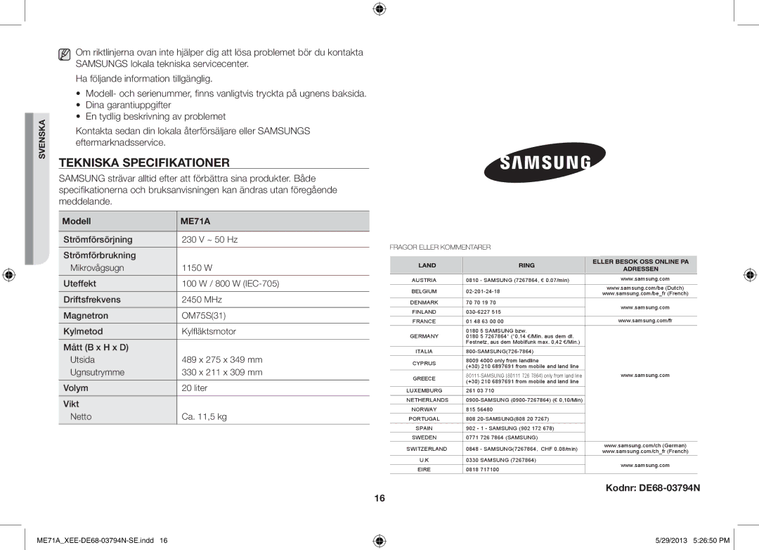 Samsung ME71A/XEE manual Tekniska Specifikationer, Modell 