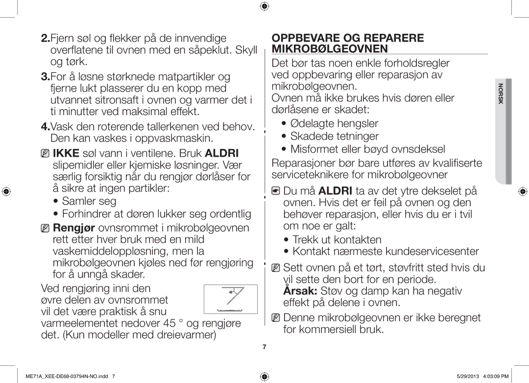 Samsung ME71A/XEE manual Oppbevare OG Reparere Mikrobølgeovnen 