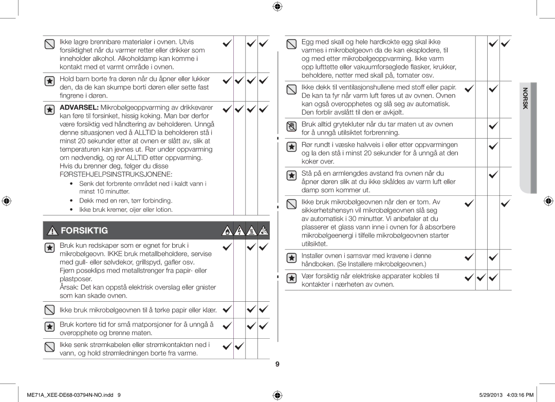 Samsung ME71A/XEE manual Forsiktig 