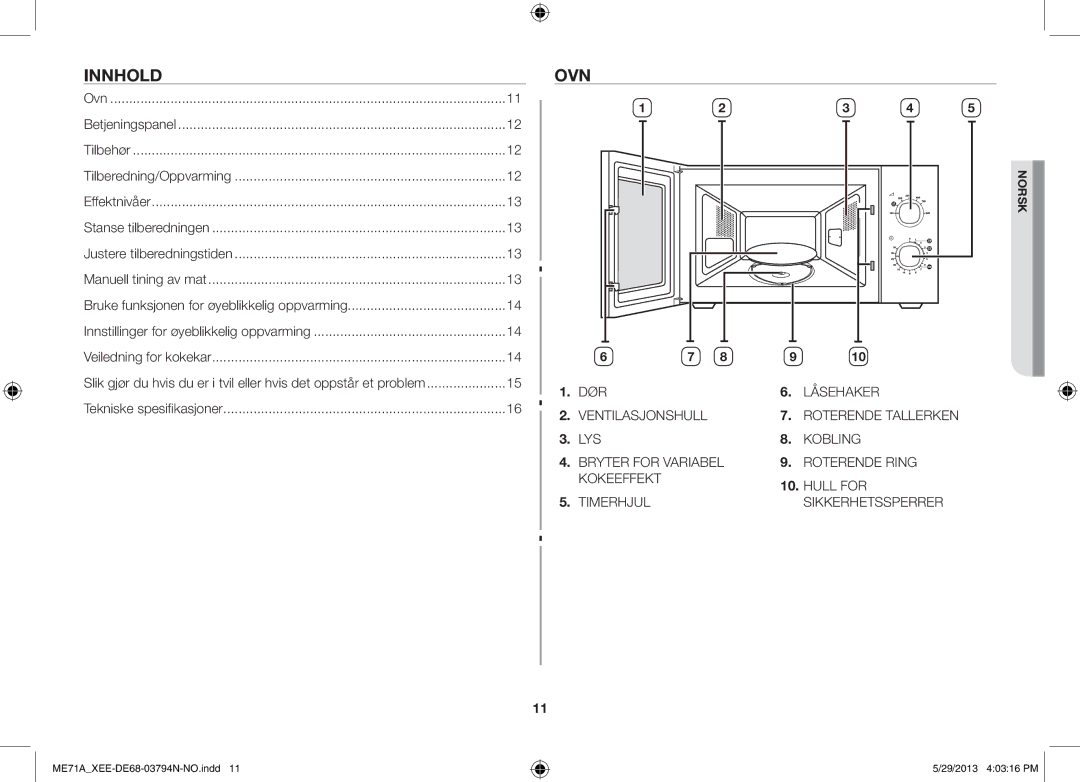 Samsung ME71A/XEE manual Innhold, Ovn 