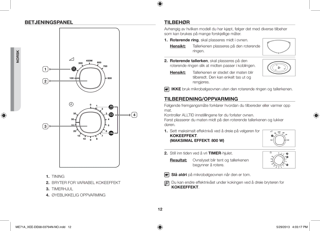 Samsung ME71A/XEE manual Betjeningspanel Tilbehør, Tilberedning/Oppvarming 