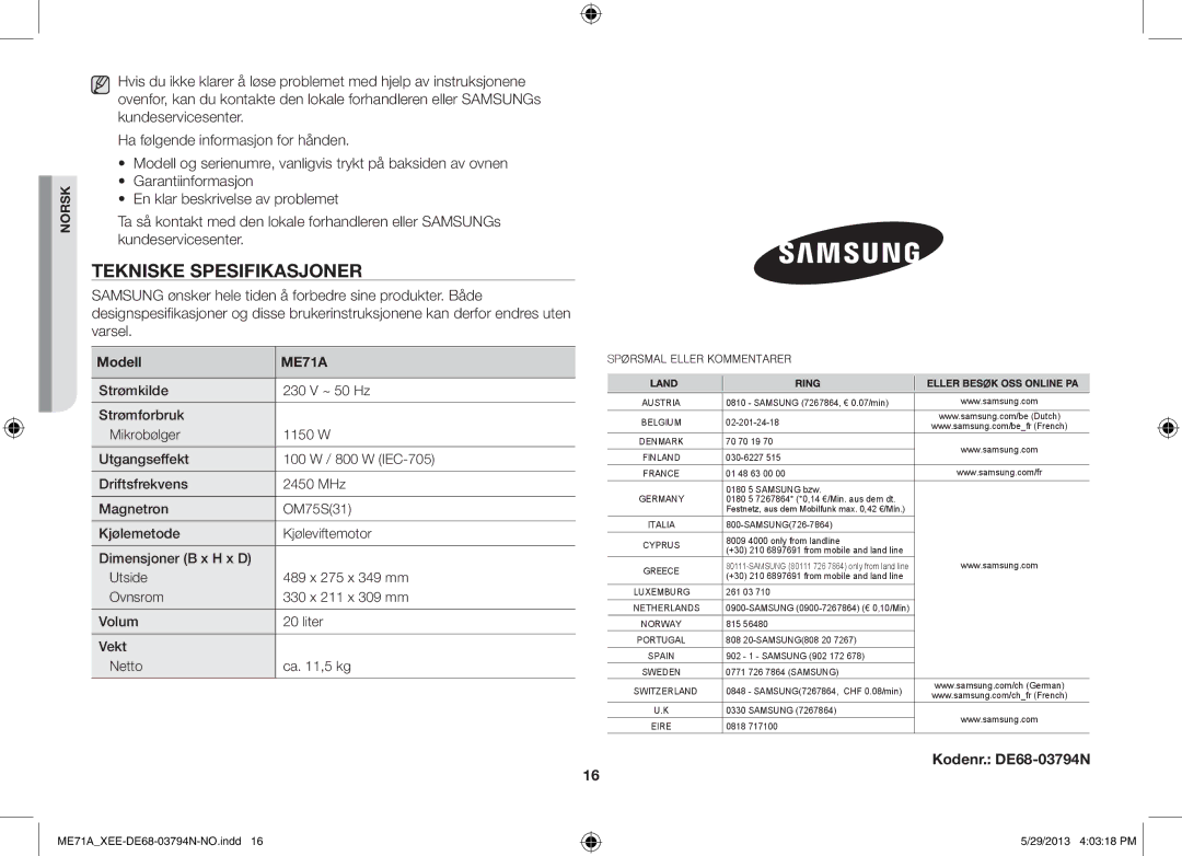 Samsung ME71A/XEE manual Tekniske Spesifikasjoner, Modell 