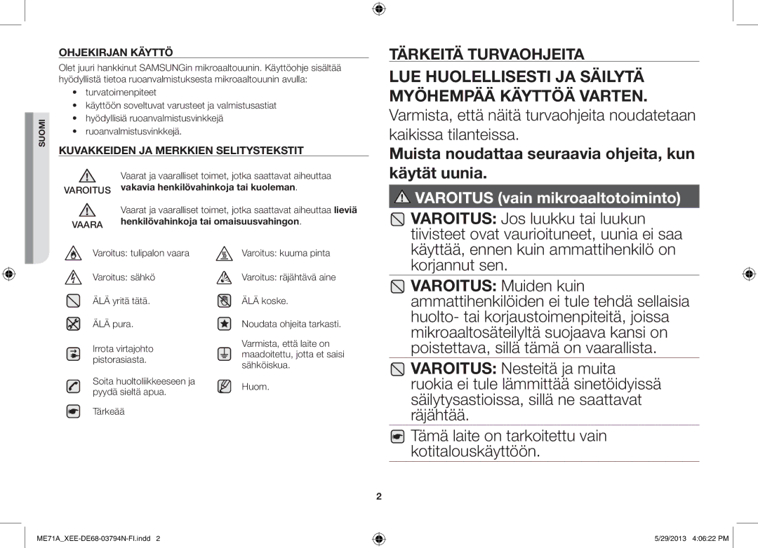 Samsung ME71A/XEE manual Käyttää, ennen kuin ammattihenkilö on korjannut sen, Ohjekirjan Käyttö 