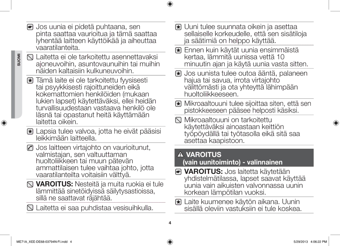 Samsung ME71A/XEE manual Varoitus 