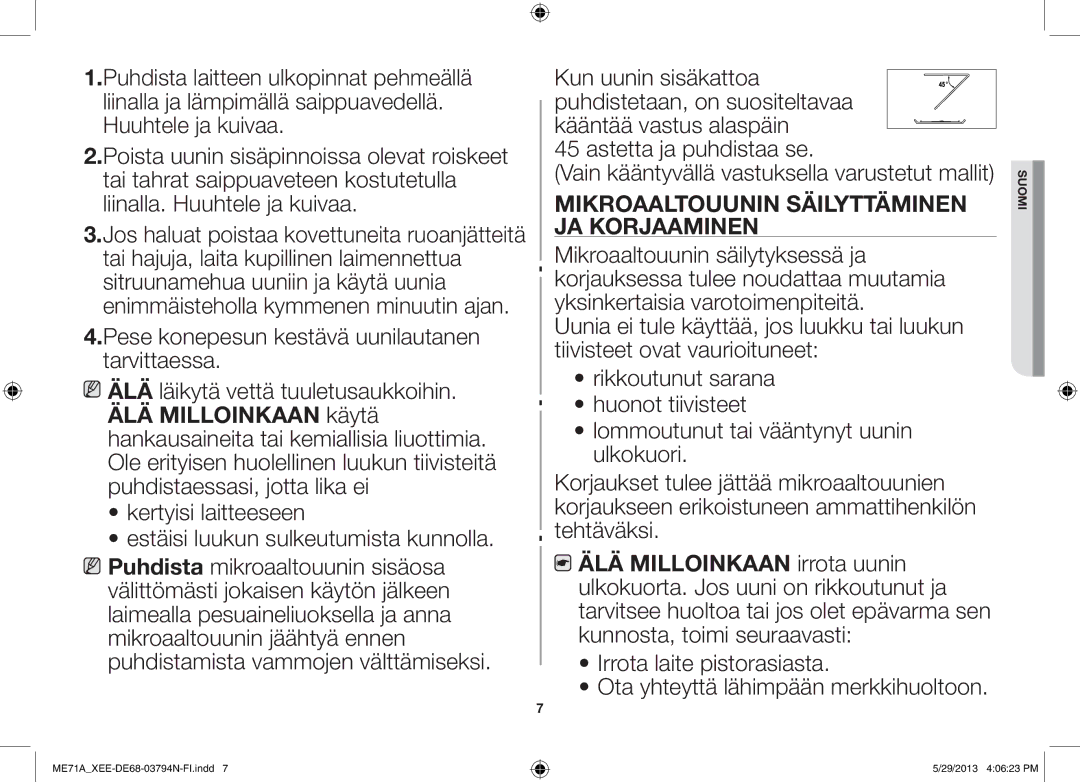 Samsung ME71A/XEE manual Pese konepesun kestävä uunilautanen tarvittaessa, Mikroaaltouunin Säilyttäminen JA Korjaaminen 