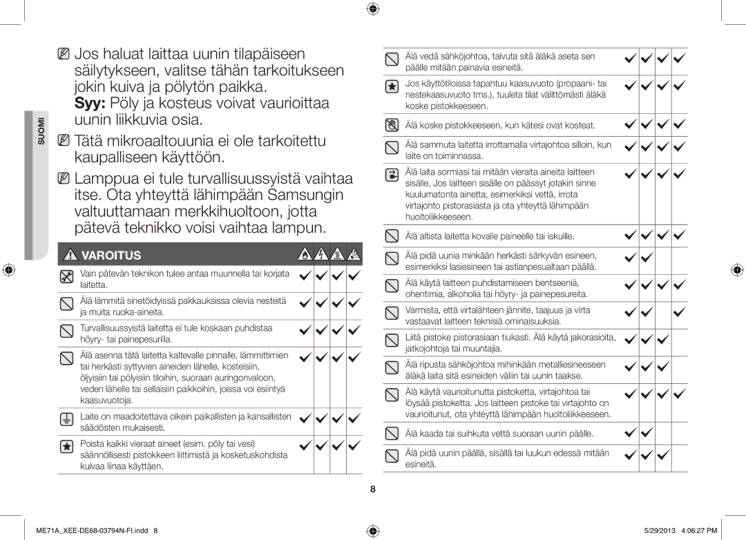 Samsung ME71A/XEE manual Varoitus 