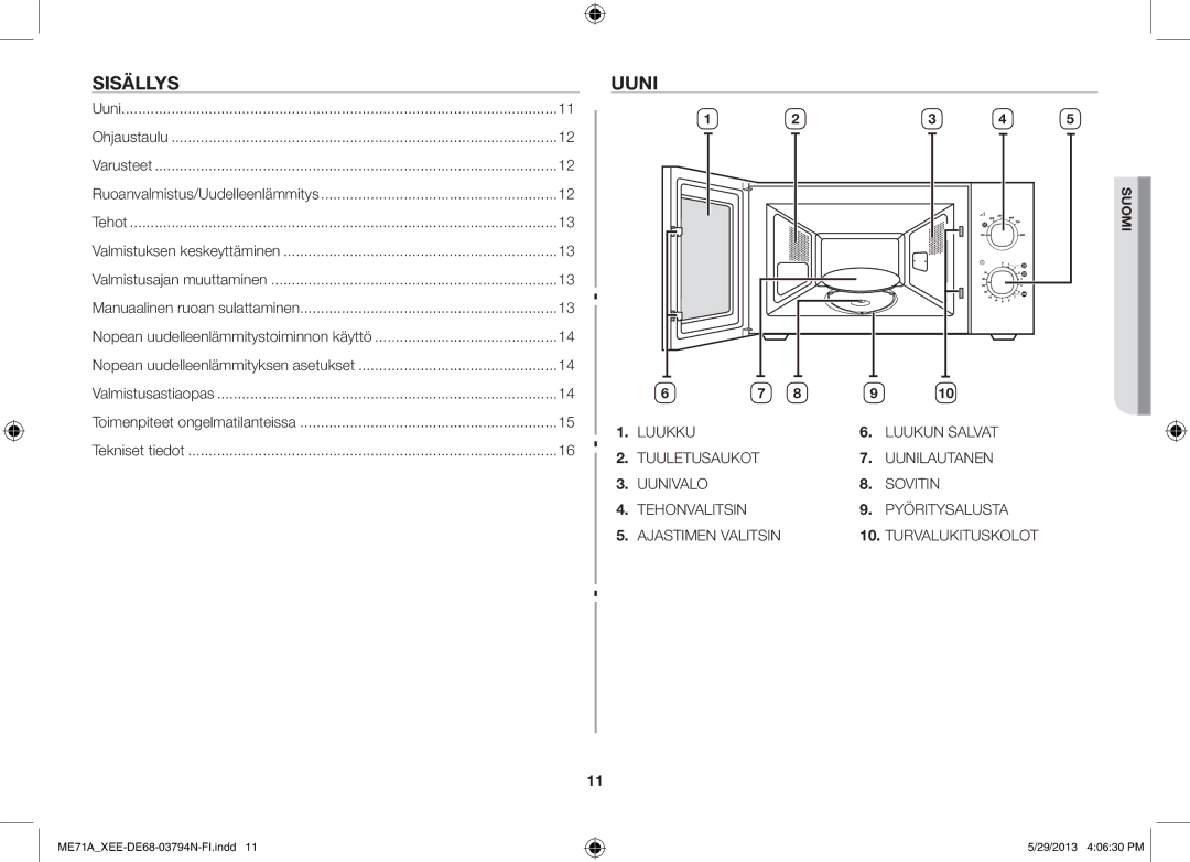 Samsung ME71A/XEE manual Sisällys, Uuni 