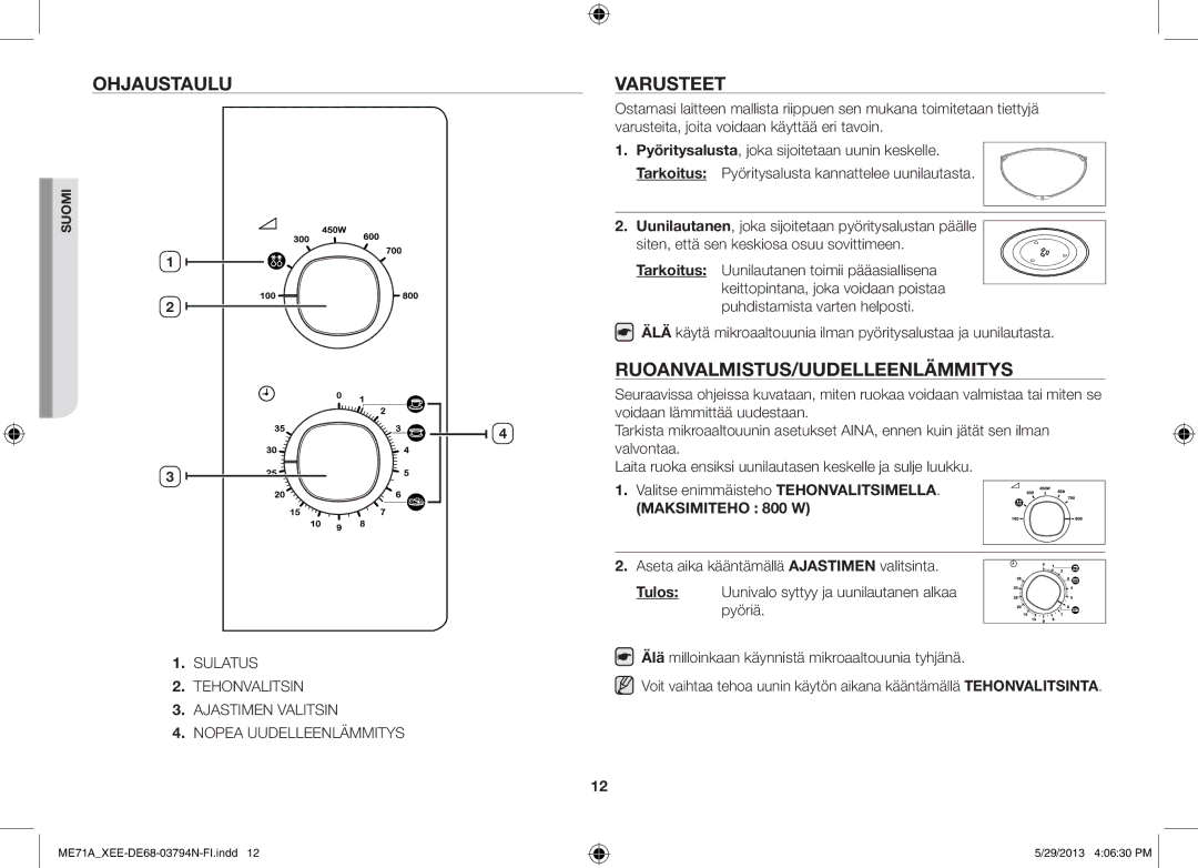 Samsung ME71A/XEE manual Ohjaustaulu Varusteet, Ruoanvalmistus/Uudelleenlämmitys 