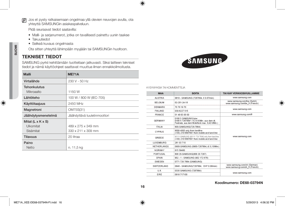 Samsung ME71A/XEE manual Tekniset Tiedot, Malli 