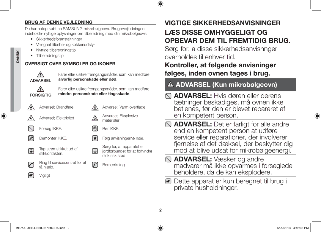 Samsung ME71A/XEE manual Følges, inden ovnen tages i brug 