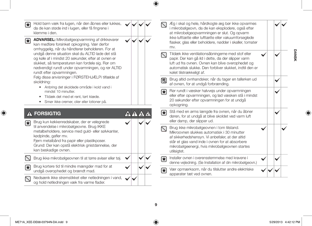 Samsung ME71A/XEE manual Forsigtig 