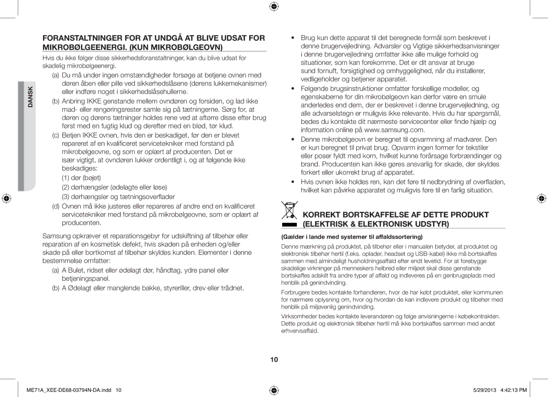 Samsung ME71A/XEE manual Gælder i lande med systemer til affaldssortering 