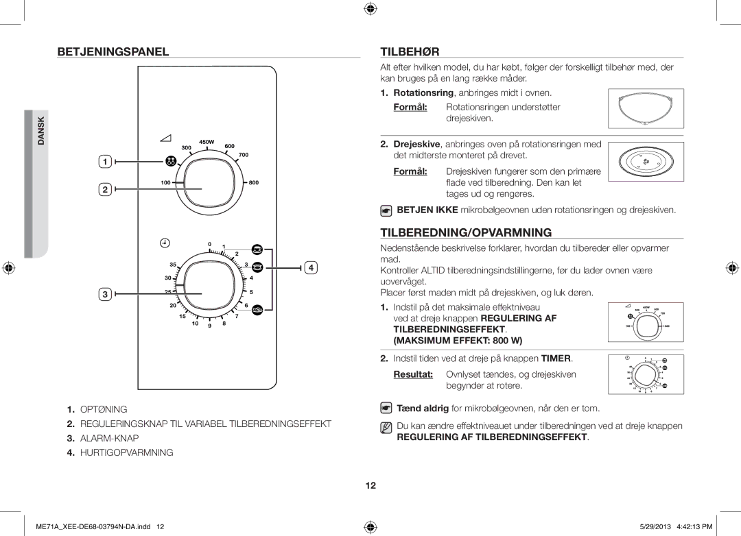 Samsung ME71A/XEE manual Betjeningspanel, Tilberedning/Opvarmning 