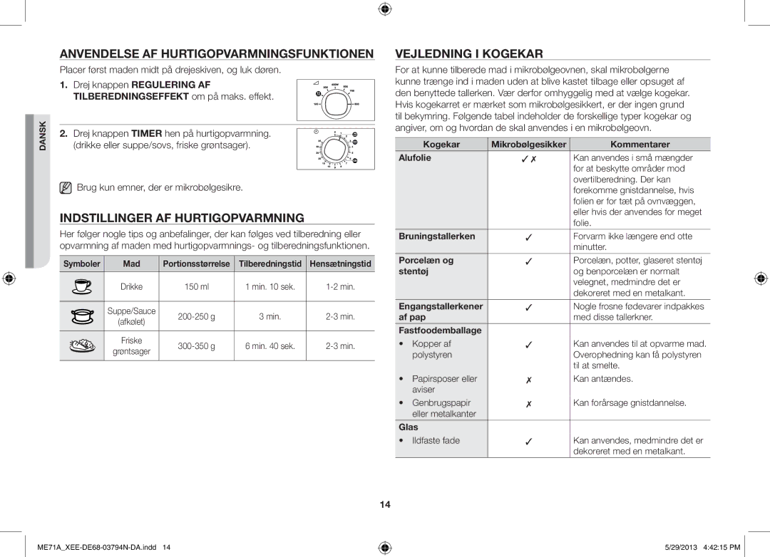 Samsung ME71A/XEE manual Anvendelse AF Hurtigopvarmningsfunktionen, Indstillinger AF Hurtigopvarmning, Vejledning I Kogekar 