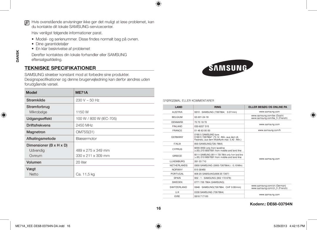 Samsung ME71A/XEE manual Tekniske Specifikationer, Model 