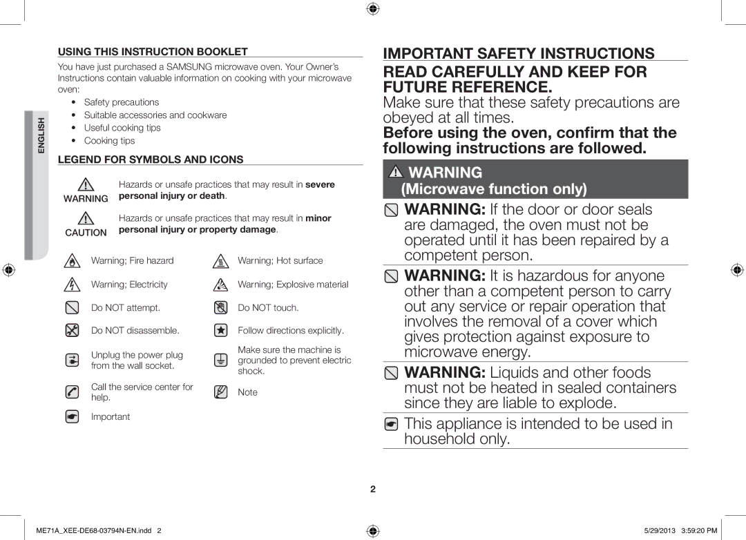 Samsung ME71A/XEE Read Carefully and Keep for Future Reference, This appliance is intended to be used in household only 