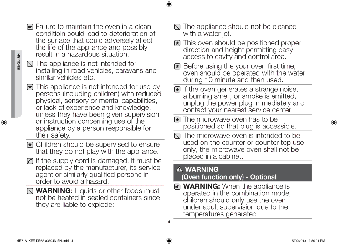 Samsung ME71A/XEE manual Oven function only Optional 