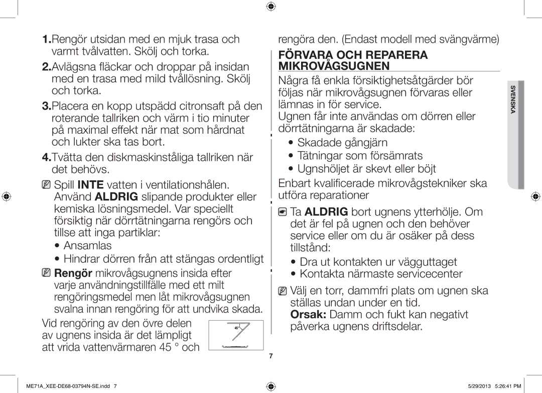 Samsung ME71A/XEE manual Förvara OCH Reparera Mikrovågsugnen 