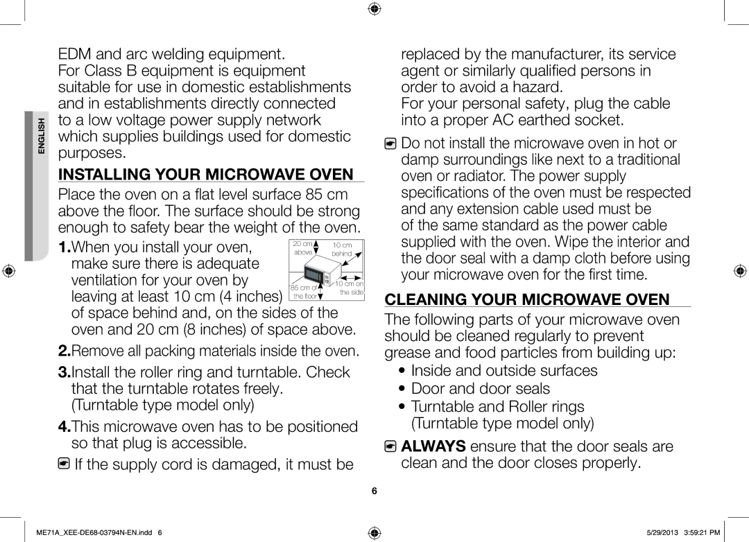 Samsung ME71A/XEE manual Installing Your Microwave Oven, Cleaning Your Microwave Oven 