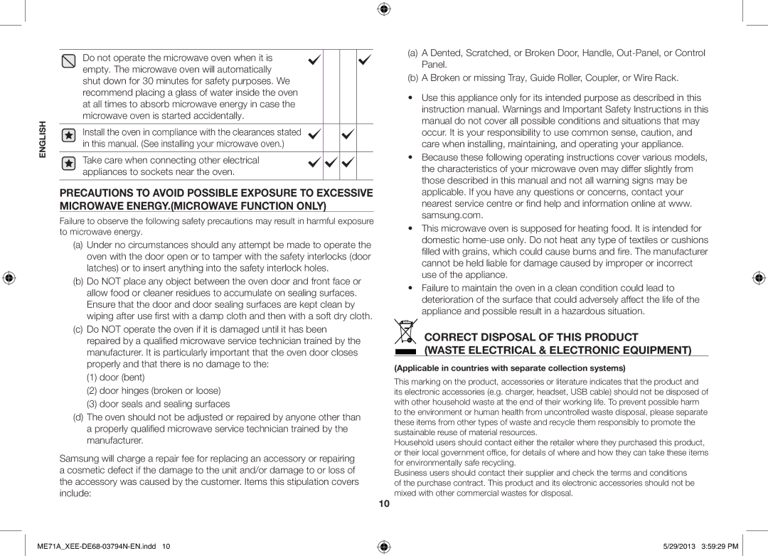 Samsung ME71A/XEE manual Applicable in countries with separate collection systems 