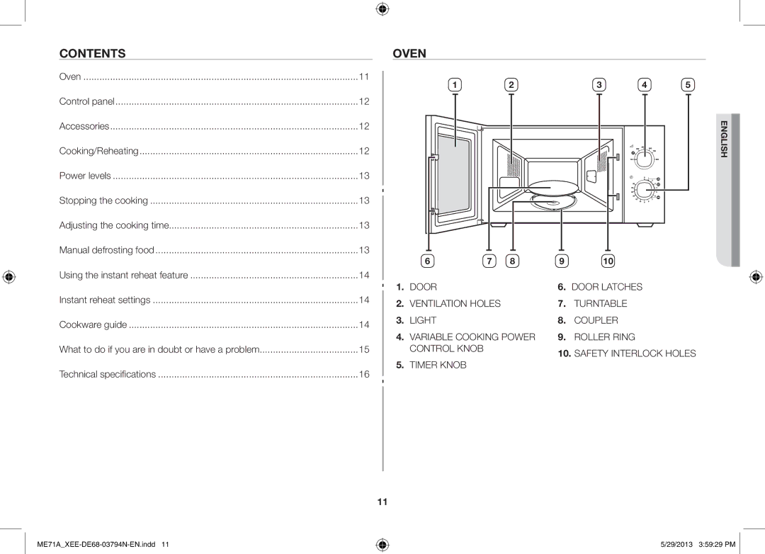 Samsung ME71A/XEE manual Contents, Oven 