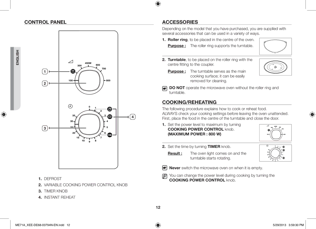 Samsung ME71A/XEE manual Control Panel, Accessories, Cooking/Reheating 