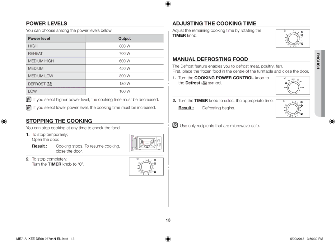 Samsung ME71A/XEE manual Power Levels, Stopping the Cooking, Adjusting the Cooking Time, Manual Defrosting Food 