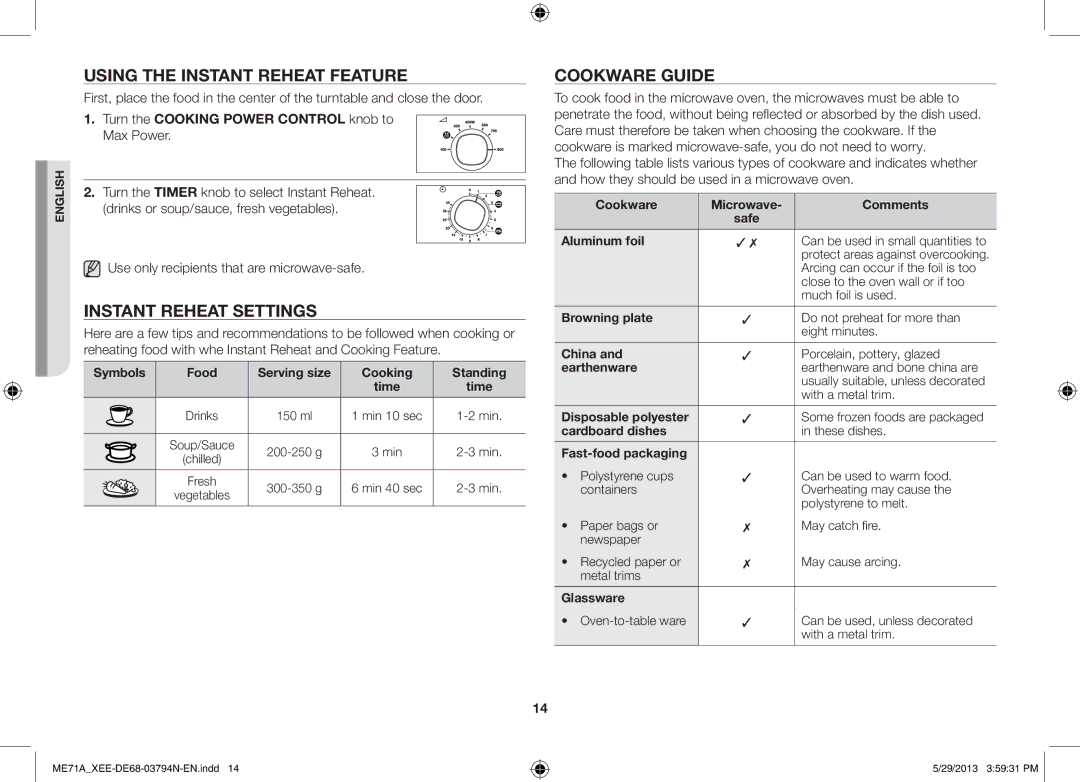 Samsung ME71A/XEE manual Using the Instant Reheat Feature, Instant Reheat Settings, Cookware Guide 