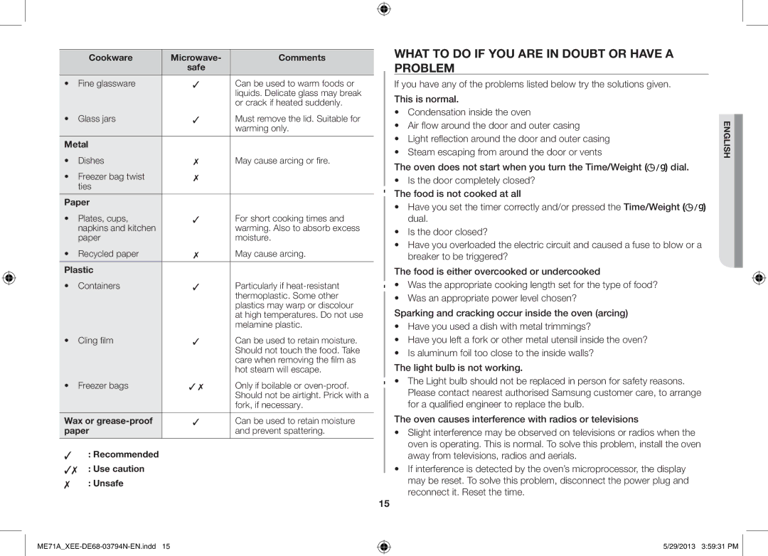 Samsung ME71A/XEE manual What to do if YOU are in Doubt or have a Problem, Paper, Plastic, Wax or grease-proof 