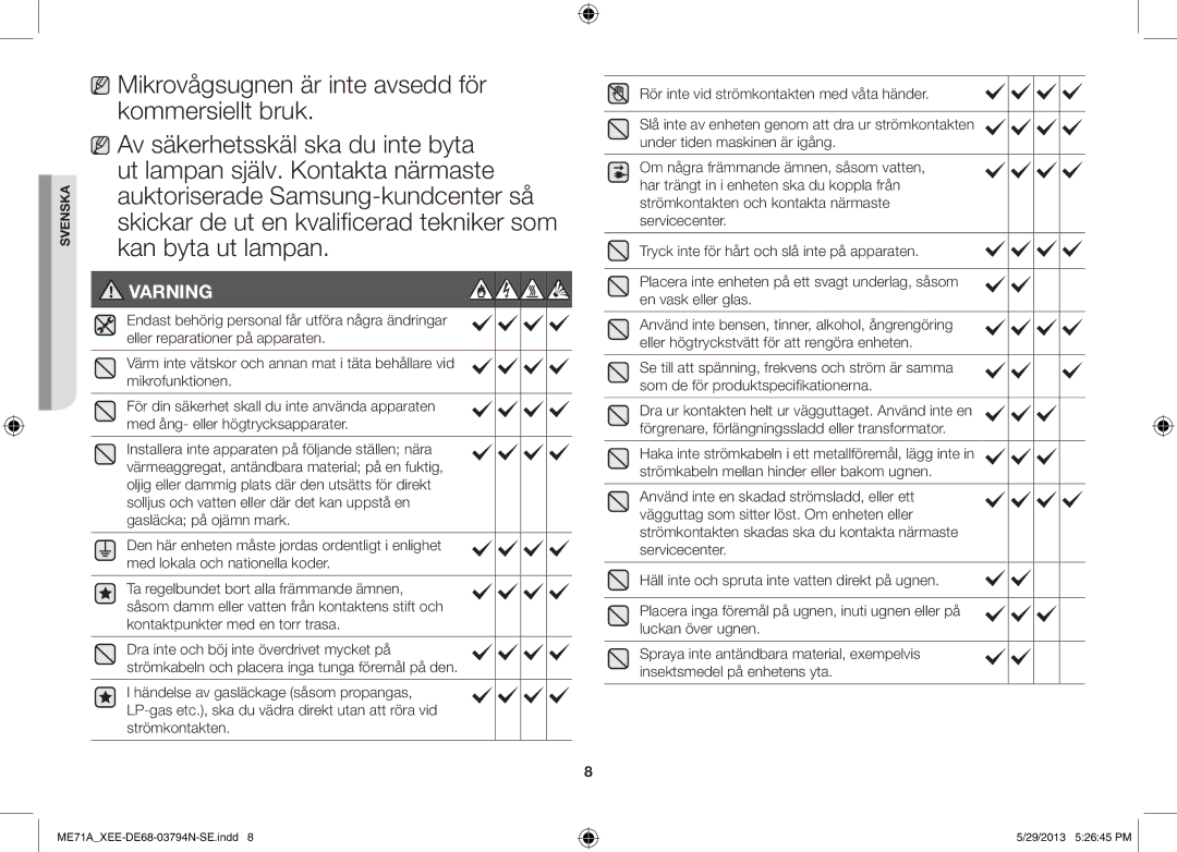 Samsung ME71A/XEE manual Varning 