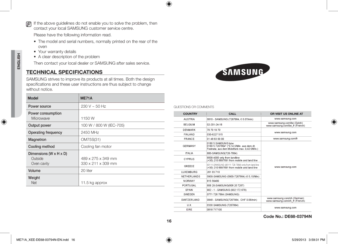 Samsung ME71A/XEE manual Technical Specifications, Model 