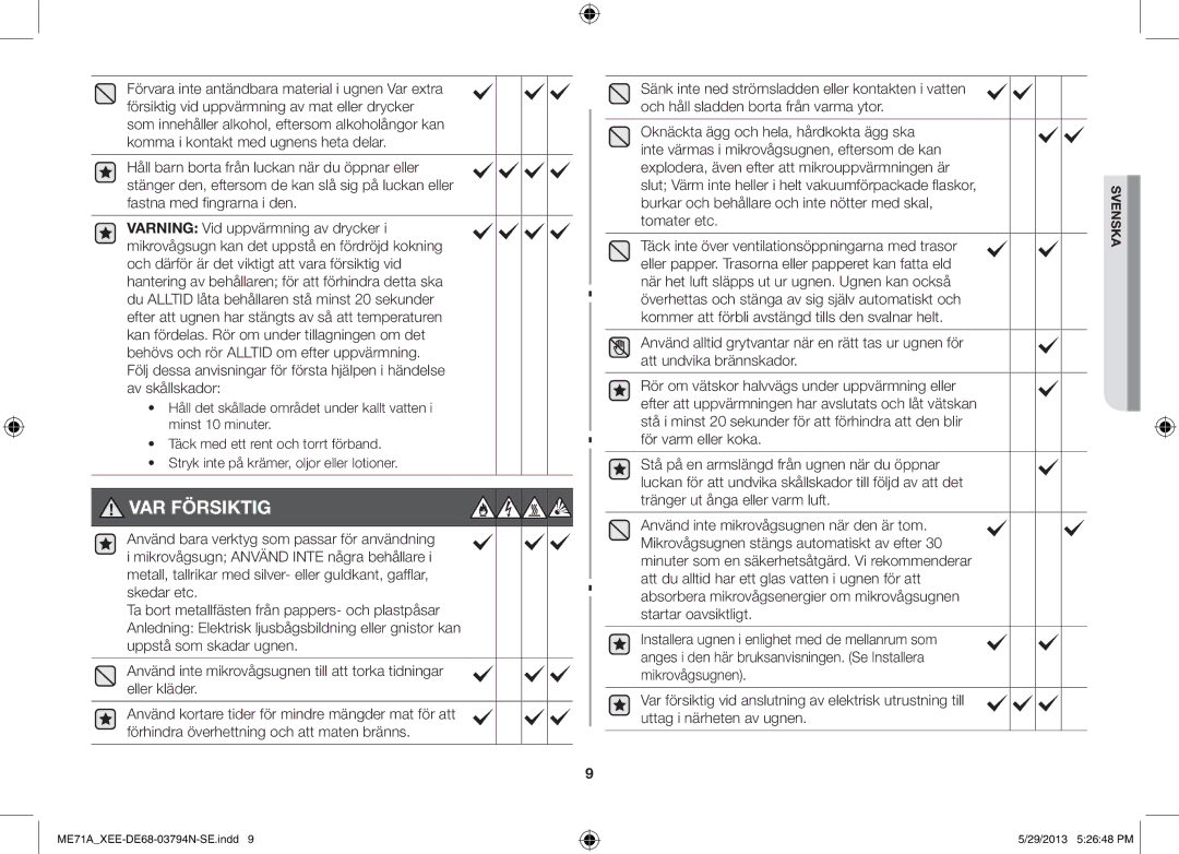 Samsung ME71A/XEE manual VAR Försiktig 