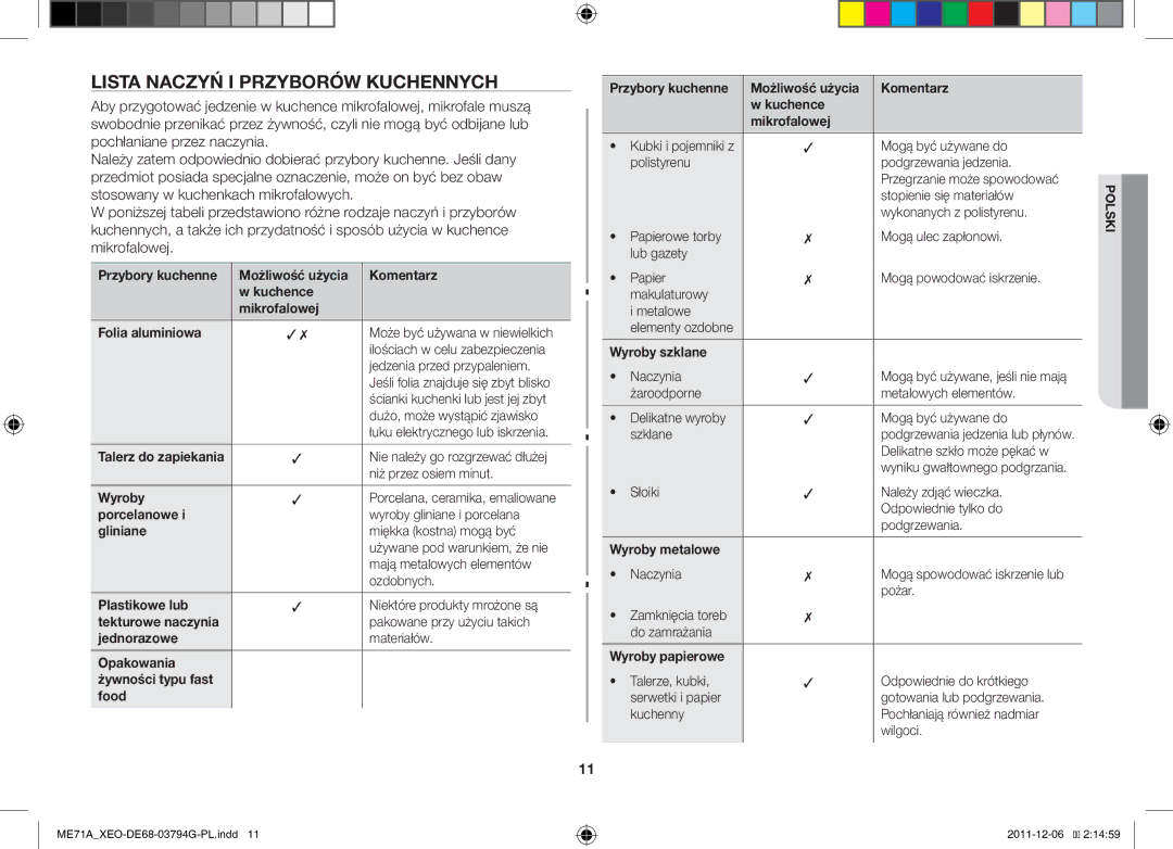 Samsung ME71A/XEO manual Lista Naczyń I Przyborów Kuchennych 