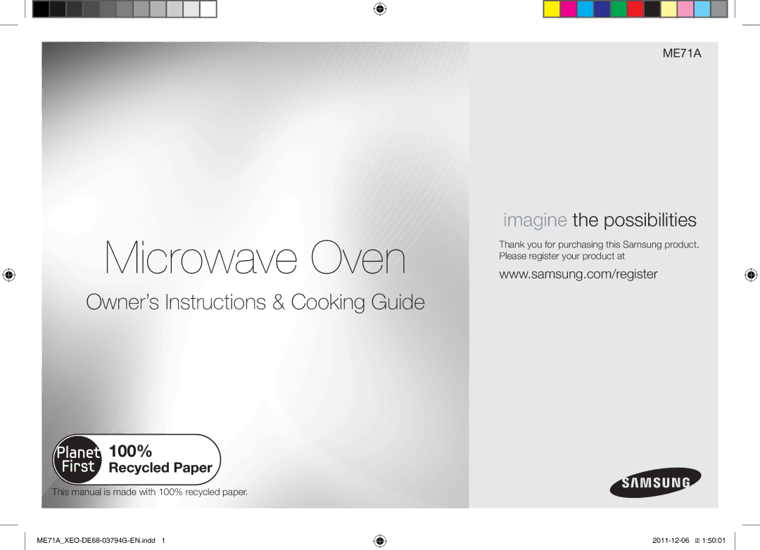 Samsung ME71A/XEO Microwave Oven, This manual is made with 100% recycled paper 