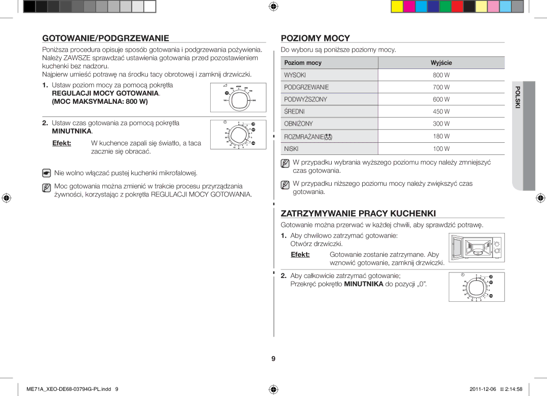 Samsung ME71A/XEO Gotowanie/Podgrzewanie, Poziomy Mocy, Zatrzymywanie Pracy Kuchenki, Do wyboru są poniższe poziomy mocy 