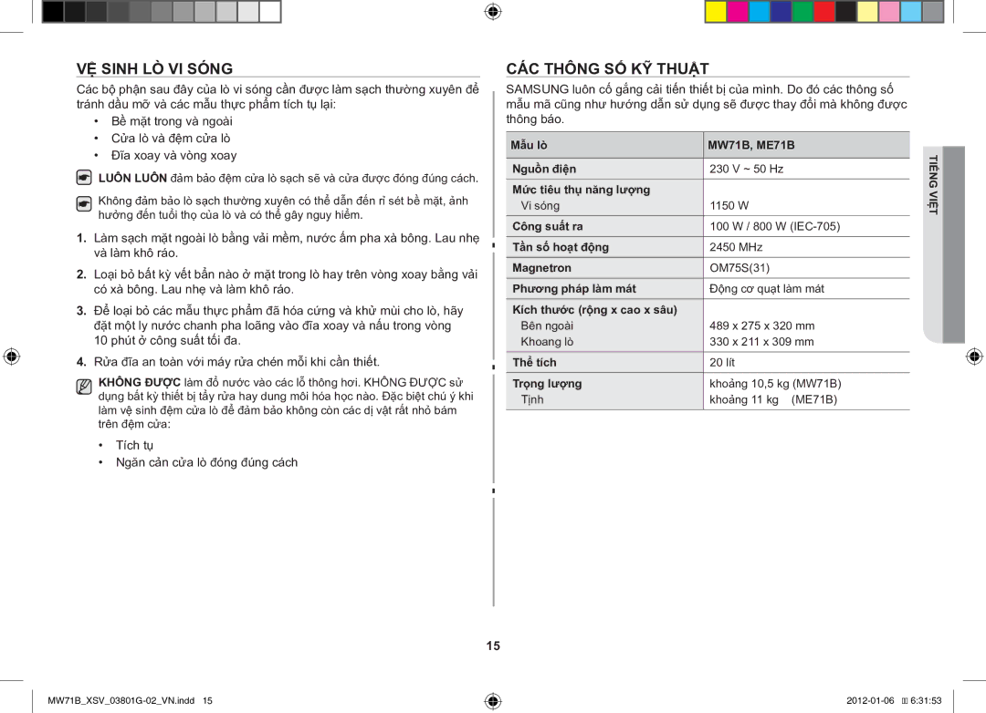 Samsung ME71B/XSV manual VỆ Sinh LÒ VI Sóng, CÁC Thông SỐ KỸ Thuật 