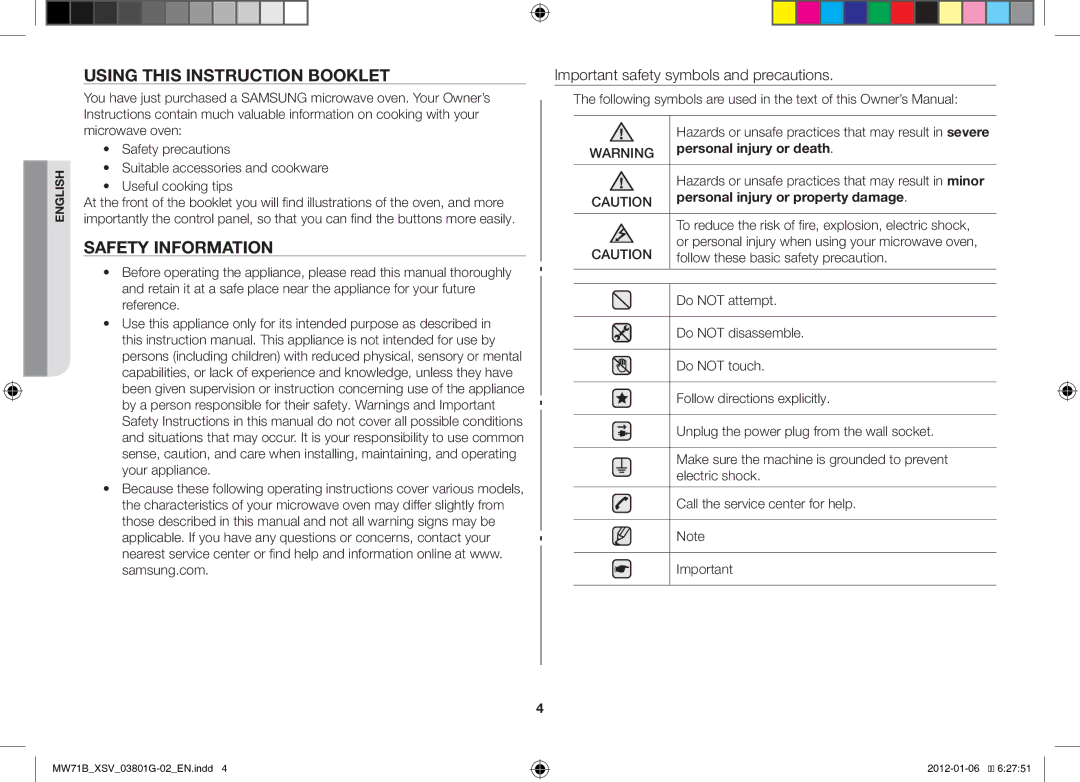 Samsung ME71B/XSV manual Using this Instruction Booklet, Safety Information, Important safety symbols and precautions 