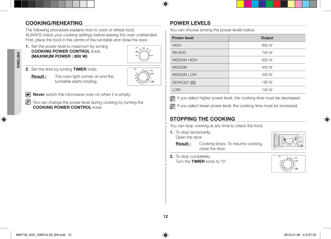 Samsung ME71B/XSV manual Cooking/Reheating, Power Levels, Stopping the Cooking, Power level Output 