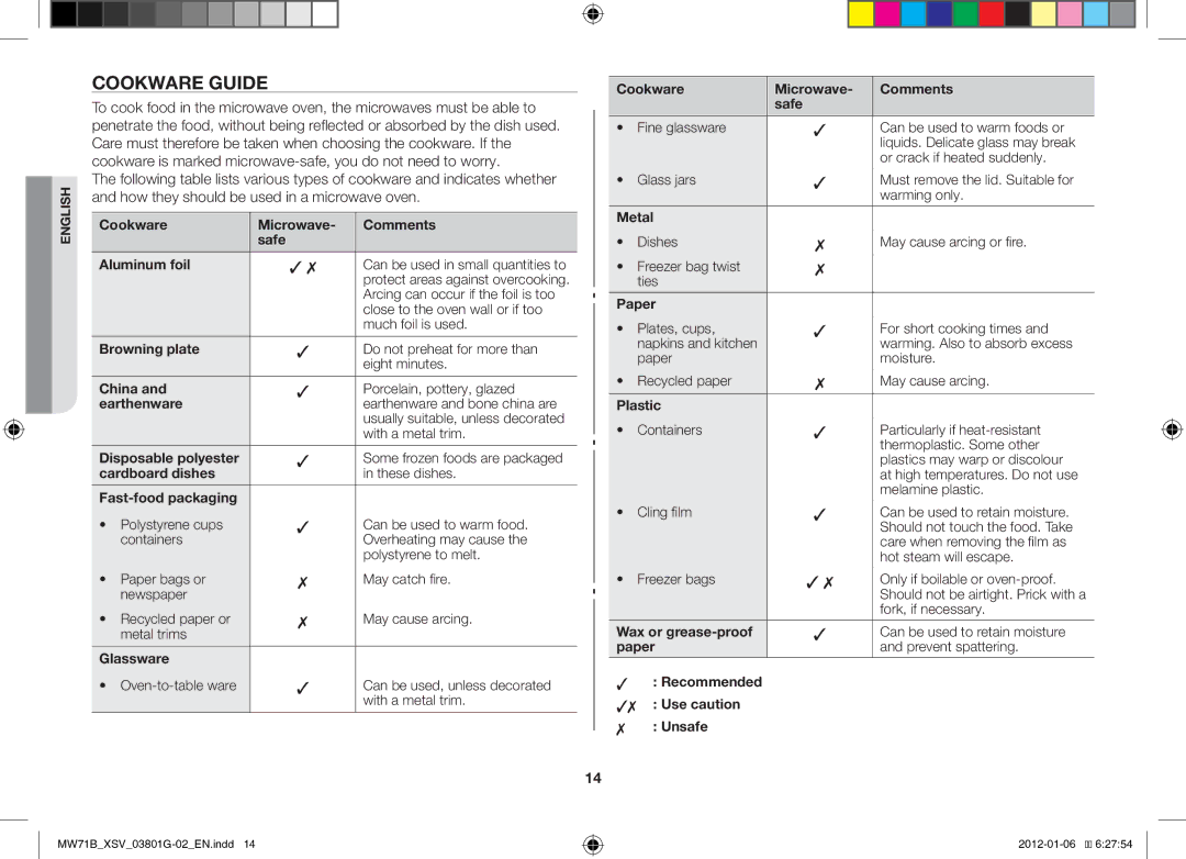 Samsung ME71B/XSV manual Cookware Guide 