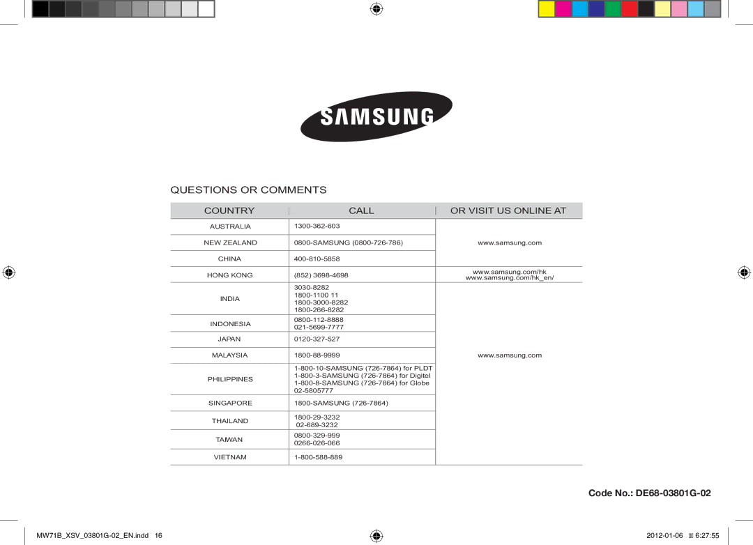 Samsung ME71B/XSV manual Code No. DE68-03801G-02 