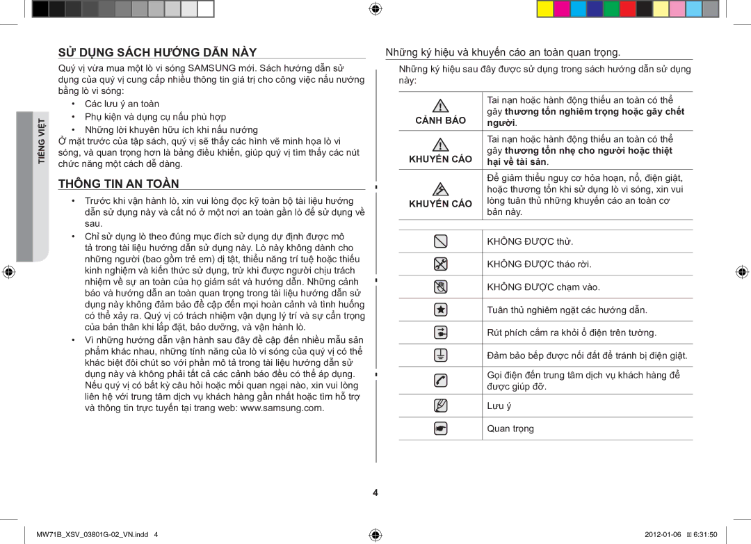 Samsung ME71B/XSV manual SỬ Dụng Sách Hướng DẪN NÀY, Thông TIN AN Toàn, Những ký hiệu và khuyến cáo an toàn quan trọng 