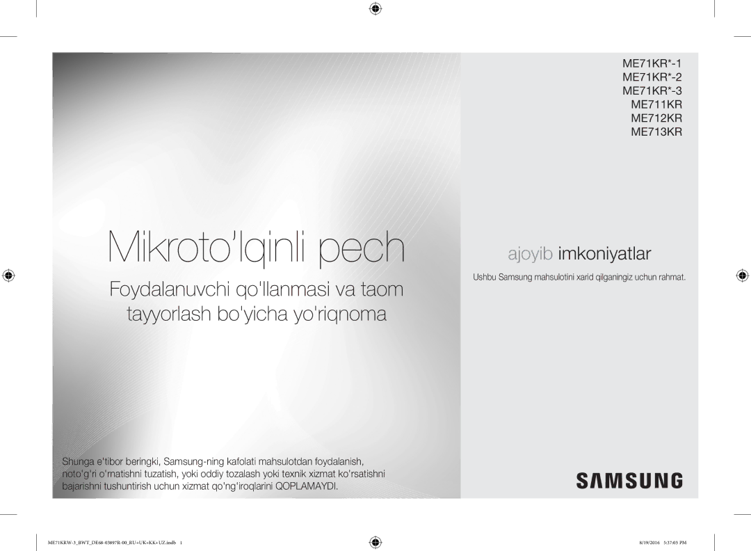 Samsung ME71KRW-3/BWT manual Mikroto’lqinli pech, Ushbu Samsung mahsulotini xarid qilganingiz uchun rahmat 