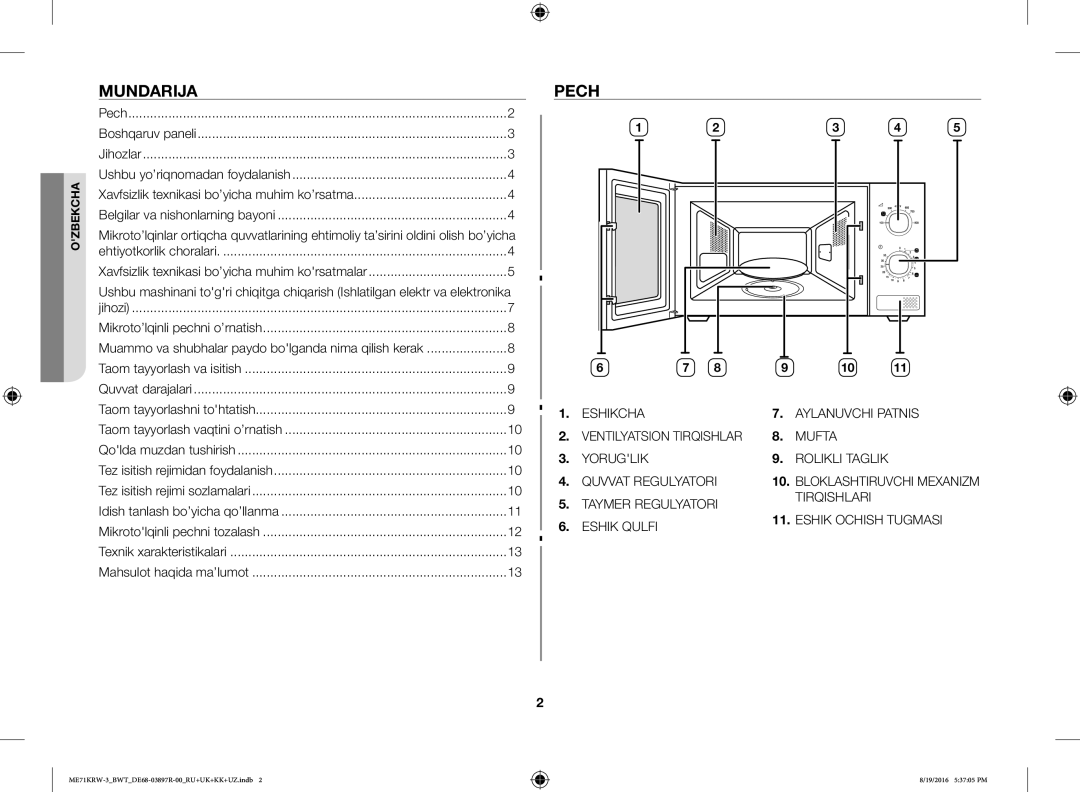 Samsung ME71KRW-3/BWT manual Mundarija, Pech 