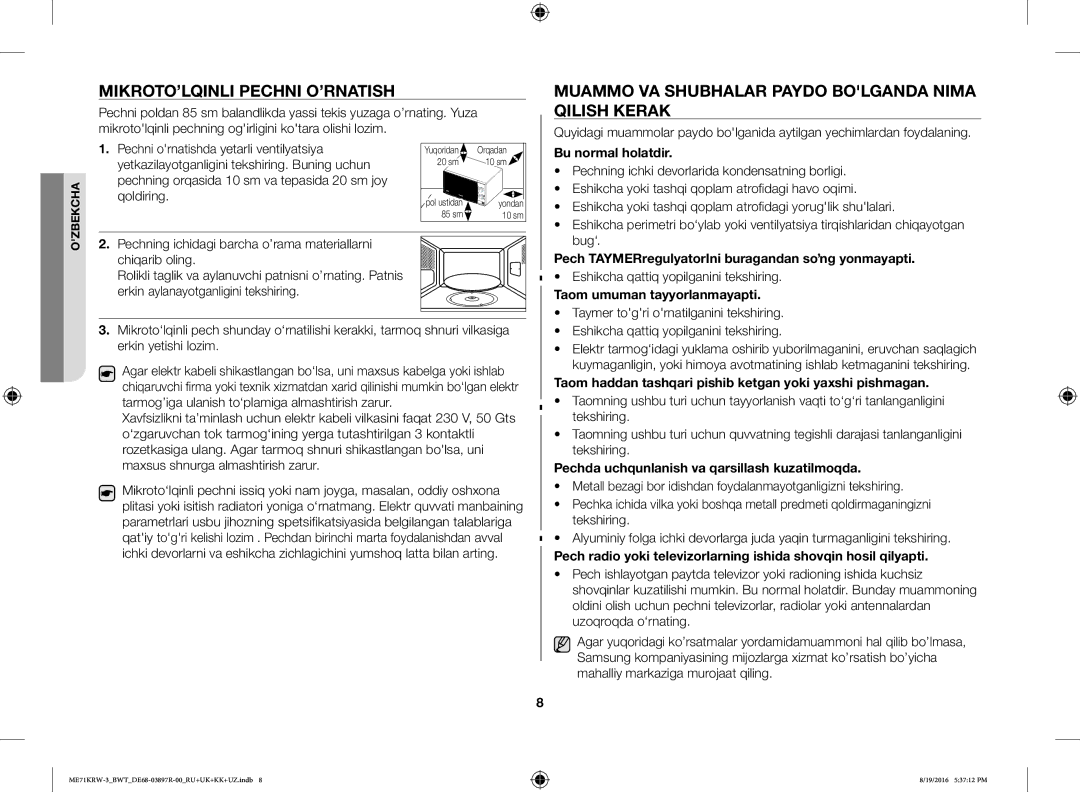 Samsung ME71KRW-3/BWT manual MIKROTO’LQINLI Pechni O’RNATISH, Muammo VA Shubhalar Paydo Bolganda Nima Qilish Kerak 