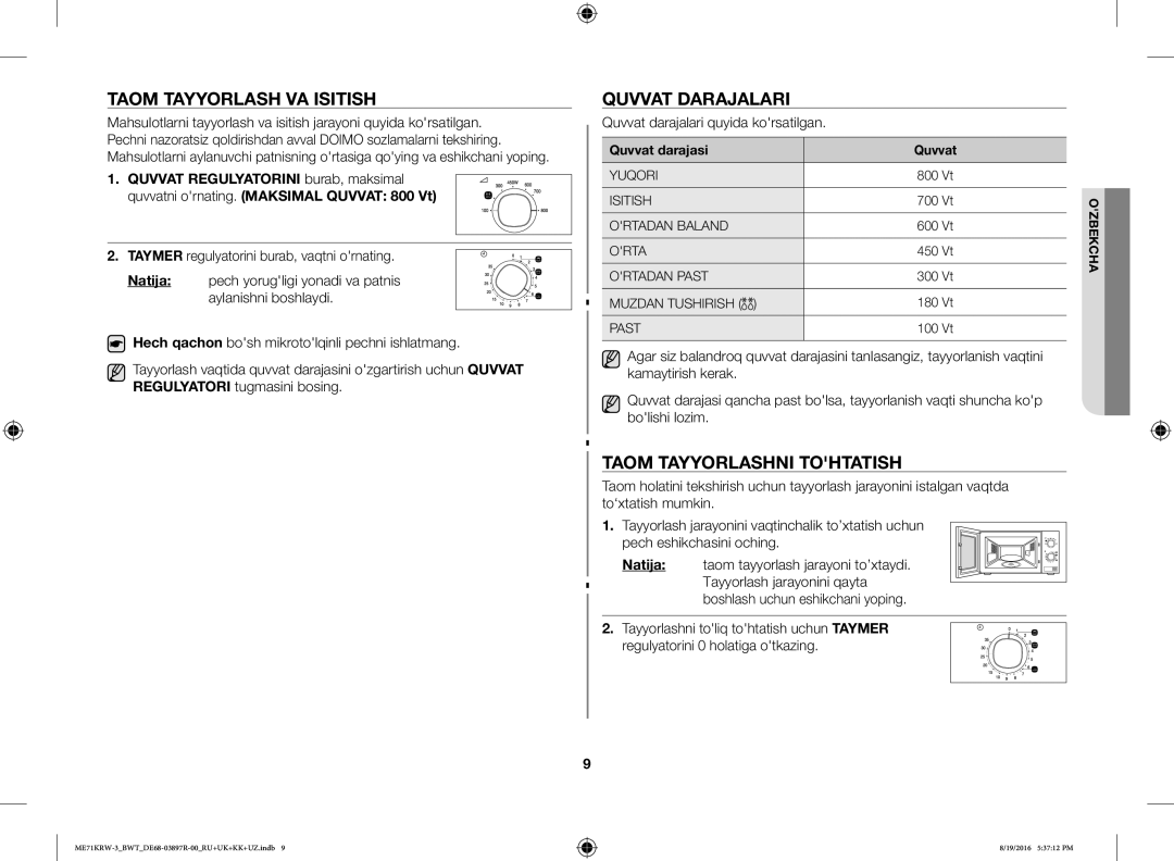 Samsung ME71KRW-3/BWT manual Taom Tayyorlash VA Isitish, Quvvat Darajalari, Taom Tayyorlashni Tohtatish, Quvvat darajasi 