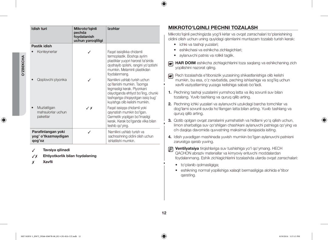 Samsung ME71KRW-3/BWT manual Mikrotolqinli Pechni Tozalash 